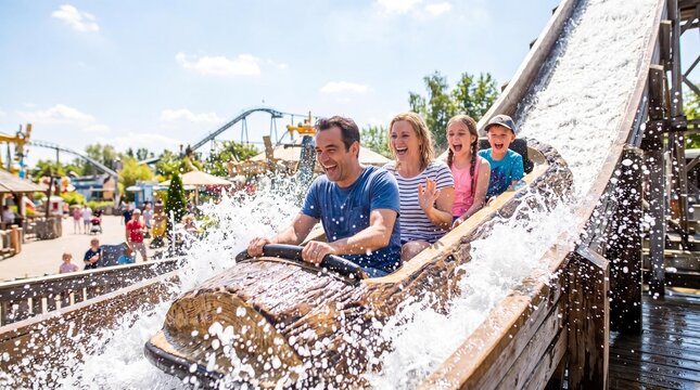 Excited family laughing on a log flume water ride at an amusement park.