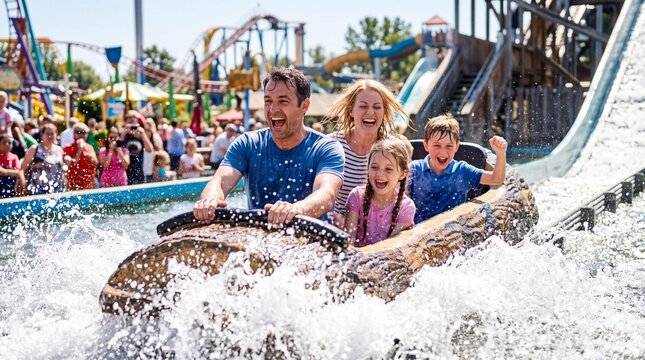 Excited family splashing on a log flume water ride at an amusement park