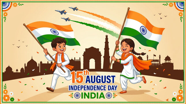 India Independence Day Celebration with Children and National Flag
