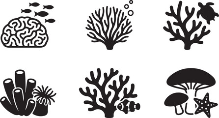 Black and white ocean coral reef and sea creature icons set Vector © mahafuza