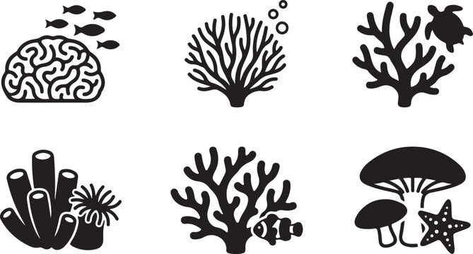 Black and white ocean coral reef and sea creature icons set Vector