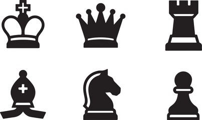 Black and white chess pieces set including king, queen, rook, bishop, knight, pawn icons Vector © mahafuza