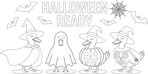 Fototapeta premium Charming ducks wearing Halloween costumes, along with text HALLOWEEN READY and festive elements