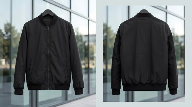 Black bomber jacket front and back view on hanger, modern outdoor fashion