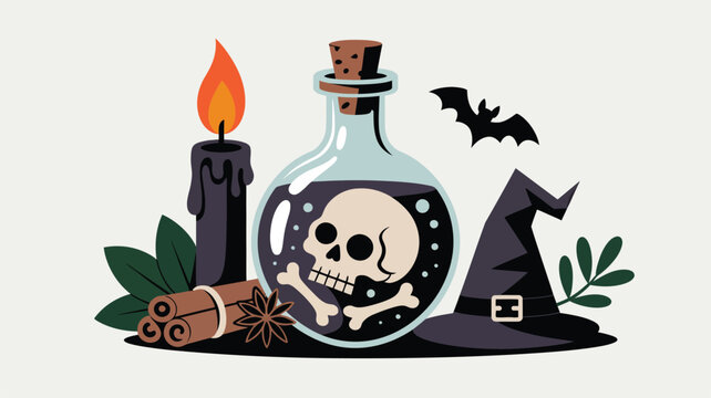 Charming Halloween still life composition featuring a potion bottle, burning candle, and witchs hat