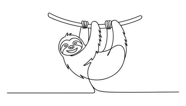 One continuous line illustration of an sloth hanging animal , isolated on white background.