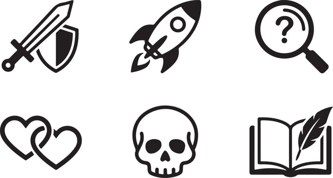 Flat icons set of six black and white symbols including sword, rocket, magnifying glass, hearts, skull, and book Vector