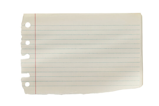 A torn piece of white lined notebook paper with blue horizontal lines and a red vertical margin isolated on a plain black background
