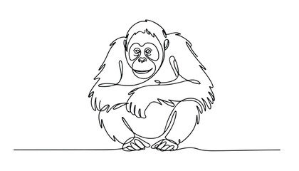 One continuous line illustration of an orangutan animal , isolated on white background. © line
