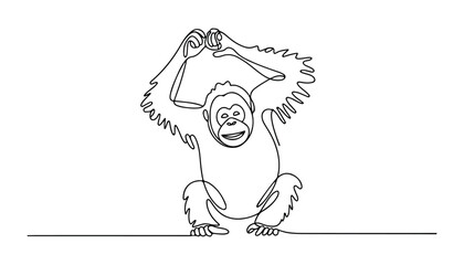 One continuous line illustration of an orangutan animal , isolated on white background. © line