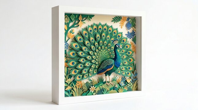 3D Paper Cutout Peacock Illustration with Vibrant Layered Feathers