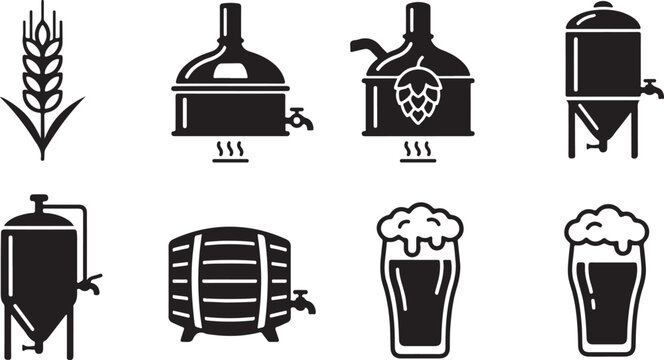 Black and white beer brewing process icons set Vector