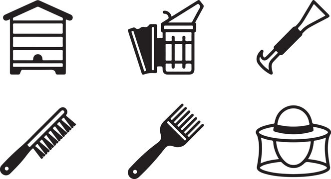 Black and white beekeeping tools and hive icon set Vector