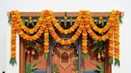 Fototapeta premium 3D Paper Cut Indian Festive Door Decoration with Marigold Garlands