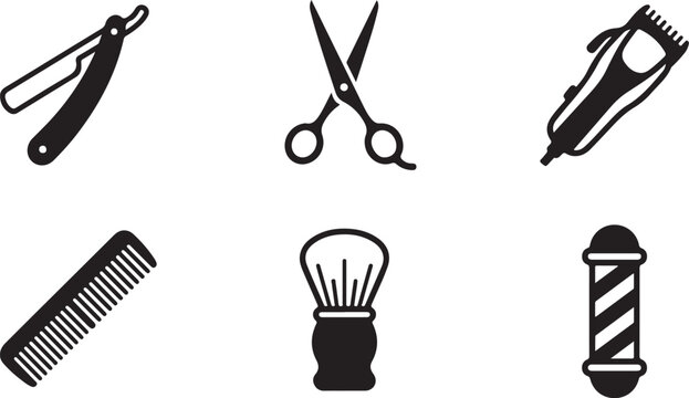 Black and white barber tools icon set with razor, scissors, clipper, comb, brush, and barber pole Vector