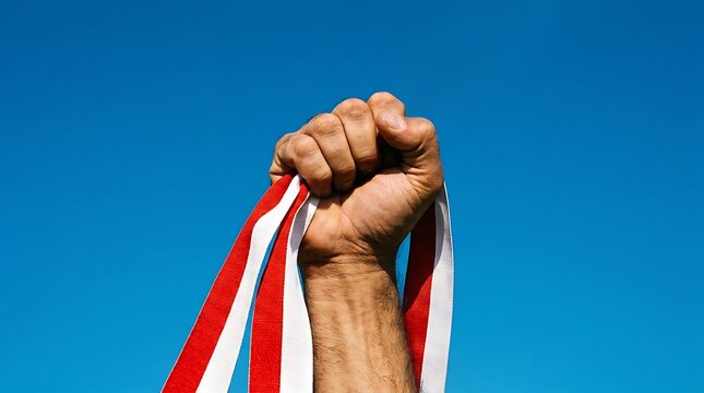 Hand Holding Red and White Ribbon for Indonesia Independence Day