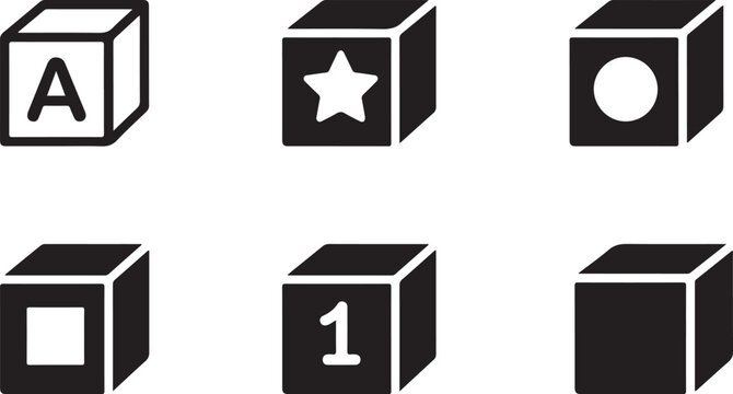 Set of six black and white wooden block icons with letters, numbers, and symbols Vector
