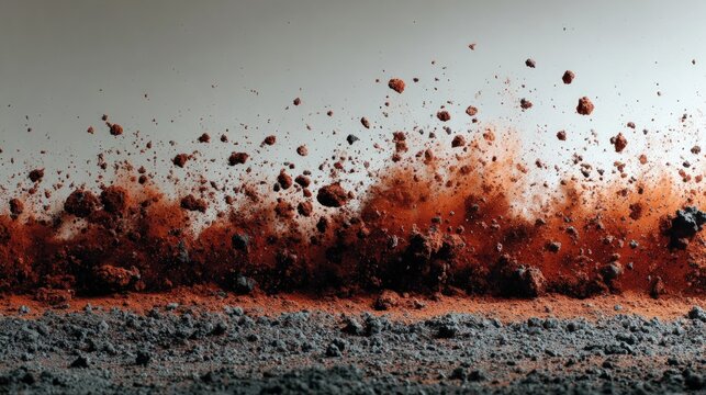 Ground level view of dirt and rocks exploding on asphalt surface with debris in air.