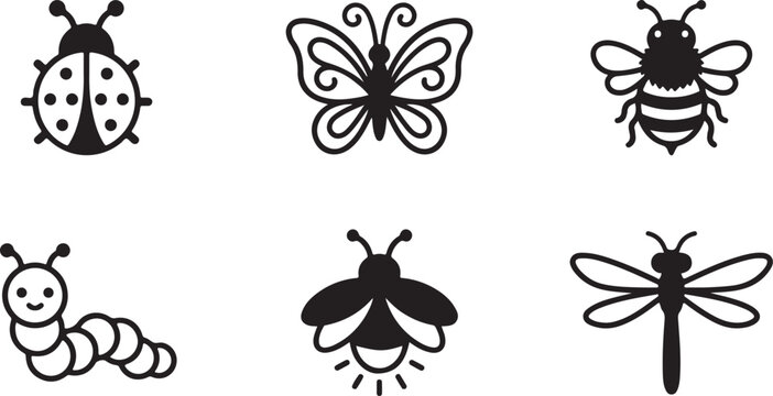 Set of six cute cartoon insects and larva icons Vector