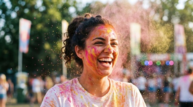 Happy young woman covered in colorful powder paint at Sziget Festival color run