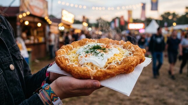 Fresh Hungarian langos street food served hot at the Sziget Festival