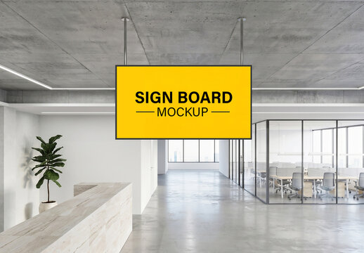 Realistic Hanging Signboard Mockup in Modern Office Interior
