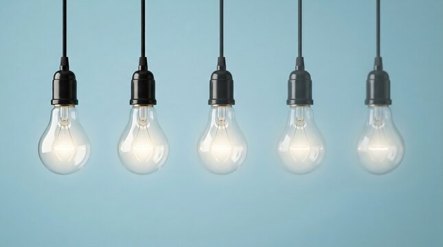 Minimalist composition of five glowing incandescent light bulbs hanging from black cords against a clean light blue background
