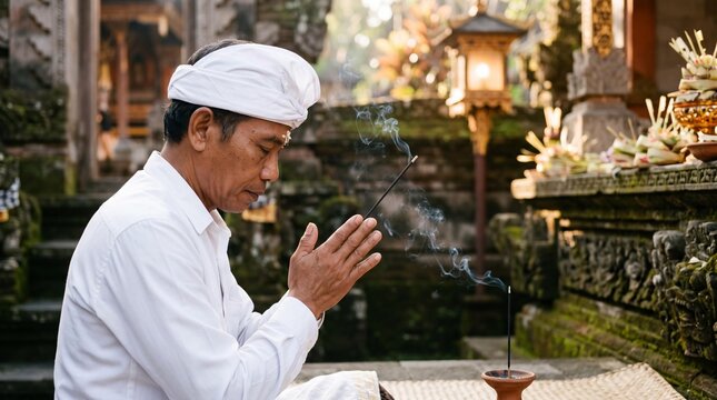 Balinese man in traditional udeng praying with incense during Galungan ceremony