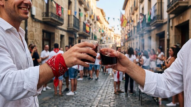 Toasting with red wine glasses during San Mateo Wine Festival in Logrono, Spain