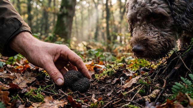 Lagotto Romagnolo dog and hunter finding black truffle in autumn forest