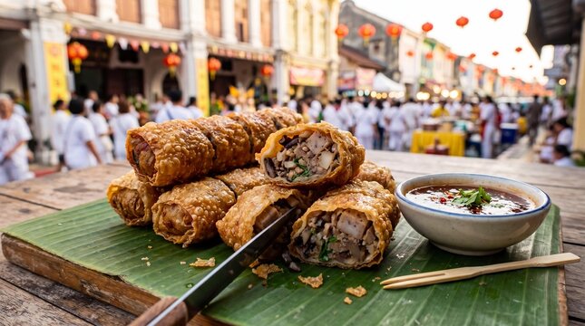 Crispy deep-fried taro rolls served during the Phuket Vegetarian Festival.