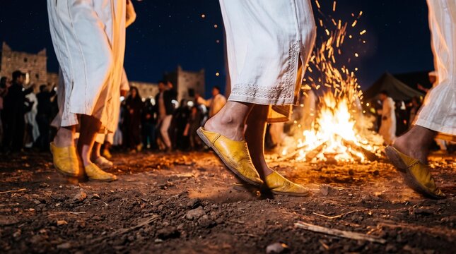Dancers in yellow babouche slippers by a bonfire at Imilchil Marriage Festival