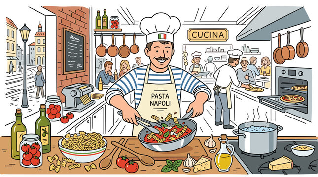 Chef Cooking Authentic Italian Pasta Napoli in a Bustling Traditional Cucina Restaurant Kitchen pizza food tracing lines vector illustration geometric