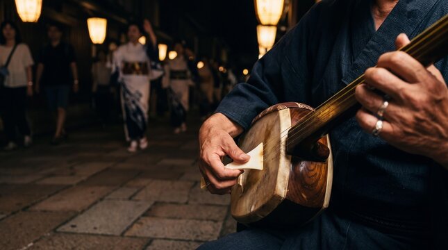 Japanese musician playing shamisen at Owara Kaze no Bon festival at night