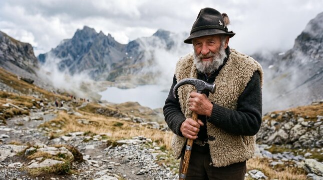 Swiss shepherd in traditional costume at the Gemmi Pass Alpine Festival