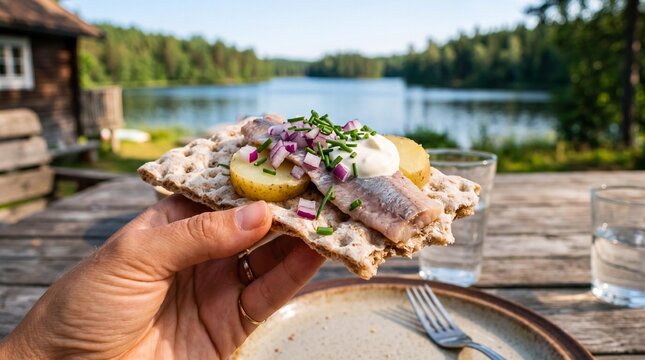 Traditional Swedish fermented herring on flatbread by a beautiful lake.