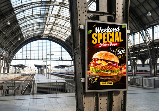 Realistic Poster Billboard Mockup on Modern Train Station