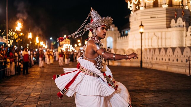 Traditional Kandyan dancer performing at Esala Perahera festival in Sri Lanka