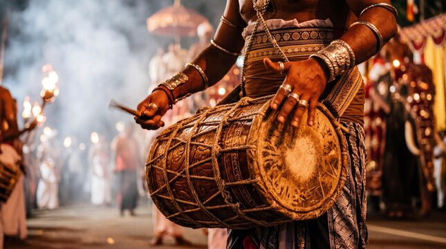 Sri Lankan drummer playing traditional Geta Bera drum at Esala Perahera