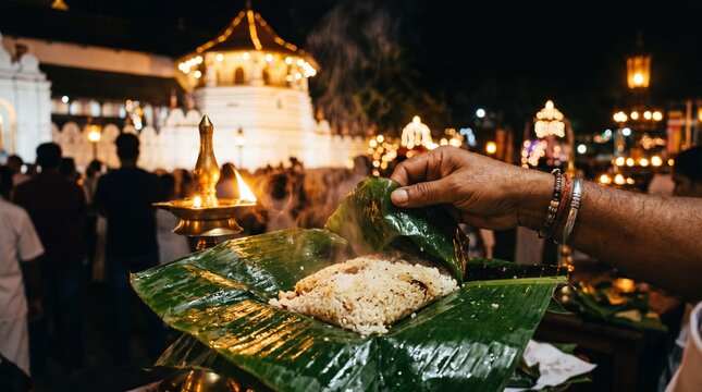 Traditional Sri Lankan rice on banana leaf during Esala Perahera festival