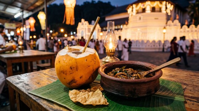 Sri Lankan curry and king coconut during Esala Perahera festival in Kandy