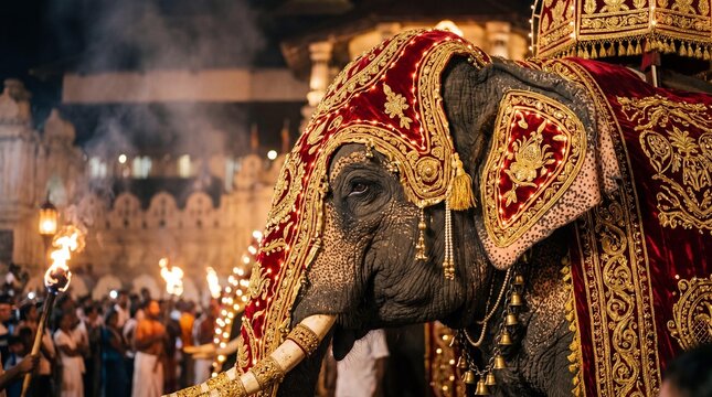 Decorated festival elephant during the Esala Perahera night parade in Kandy
