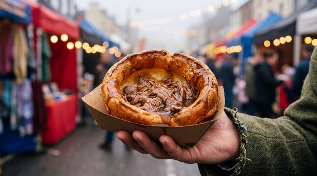 Yorkshire pudding filled with roast beef and gravy at Puck Fair street market