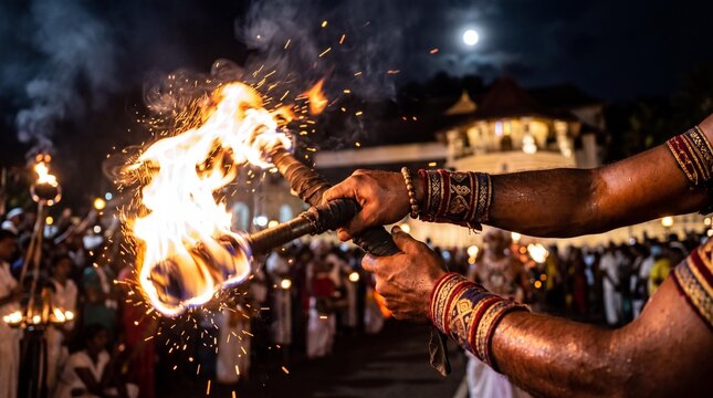 Fire performer with flaming torches at Esala Perahera festival in Sri Lanka
