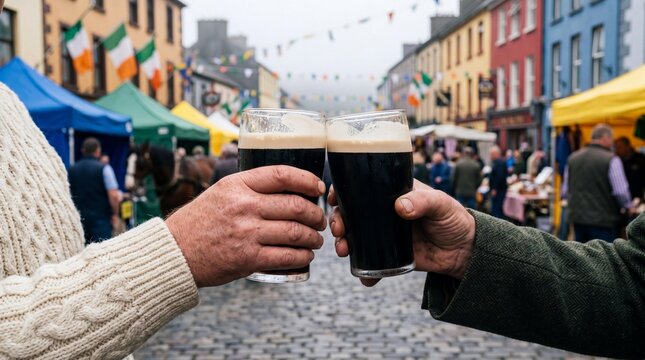 Two men clinking pints of dark Irish stout beer at Puck Fair in Killorglin