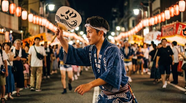 Japanese dancer performing Awa Odori with paper fan at a night festival