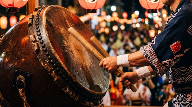 Japanese Taiko Drummer Performing at Awa Odori Festival in Tokushima at Night