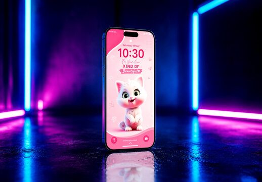 Smartphone Screen Mockup with Cute Cat Wallpaper in Neon Glowing Environment