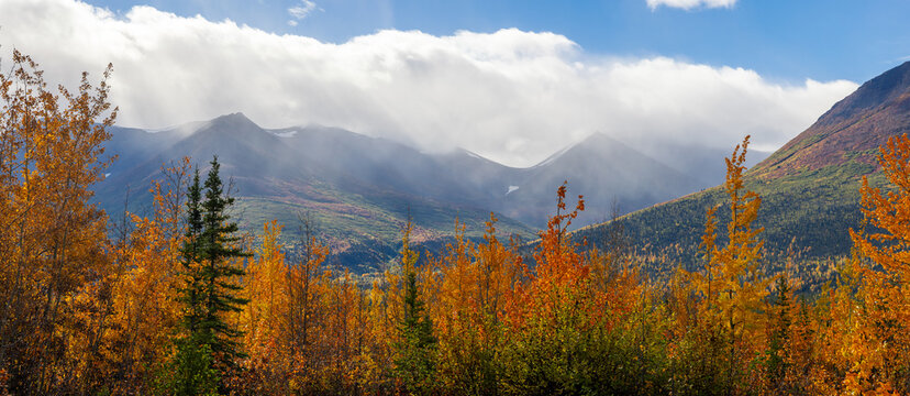 Autumn foliage framing mountains with clouds