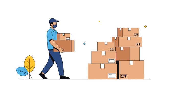 Courier wearing a protective face mask and blue uniform carrying cardboard parcels towards a stack of delivery boxes.